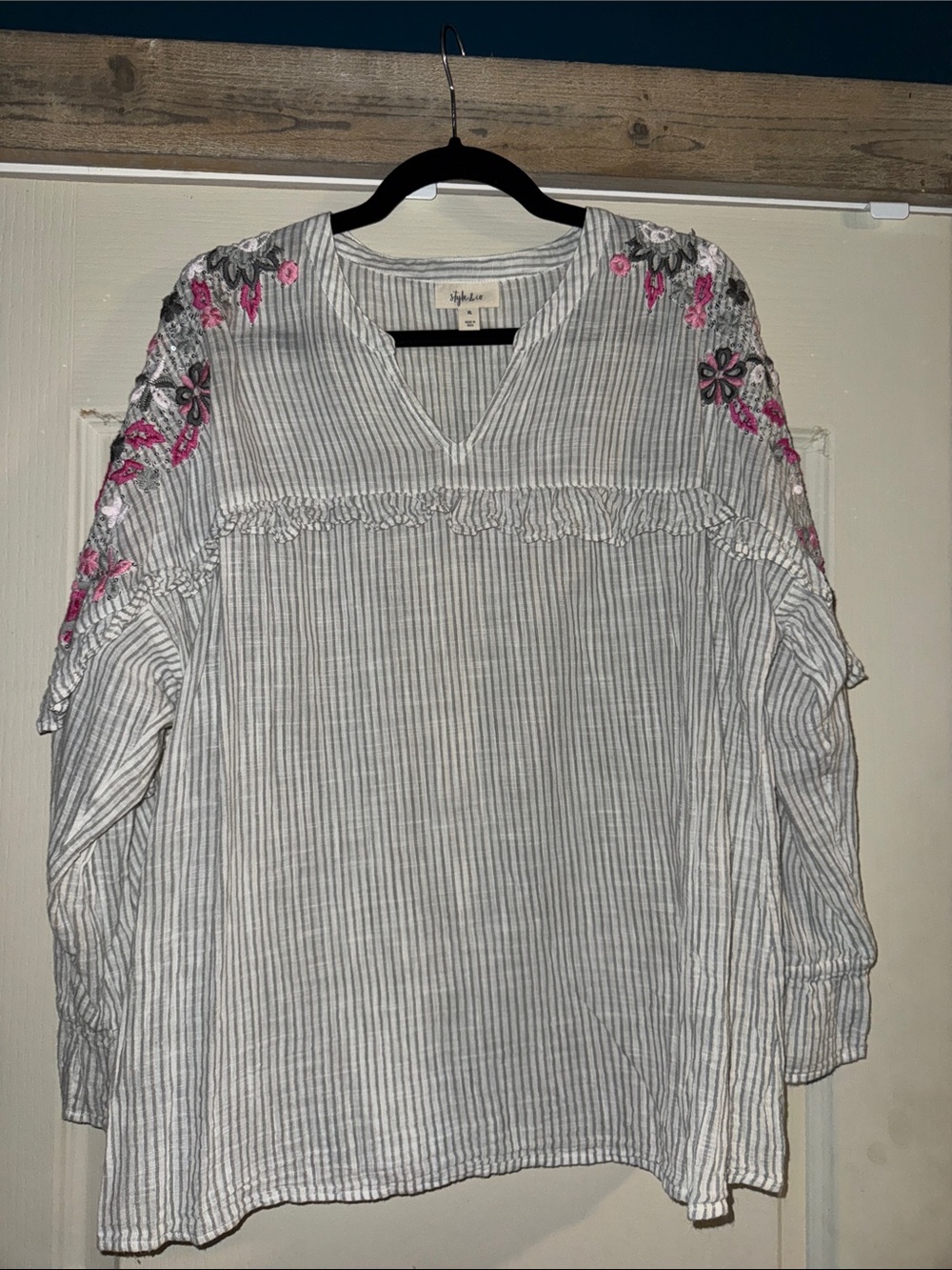 Style & Co. Gray Stripe V-Neck Blouse with Pink Floral Embroidery